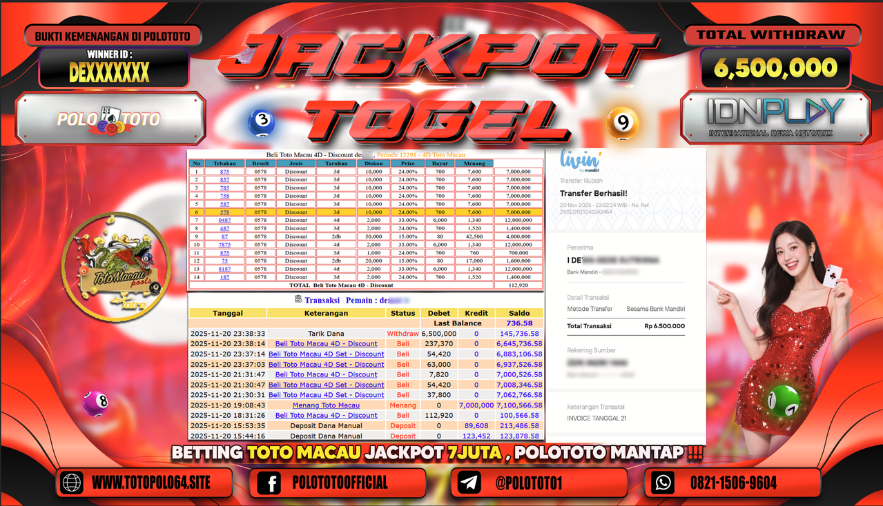 POLOTOTO JACKPOT TOGEL MENANG TOTO MACAU Rp.6.500.000,- LUNAS