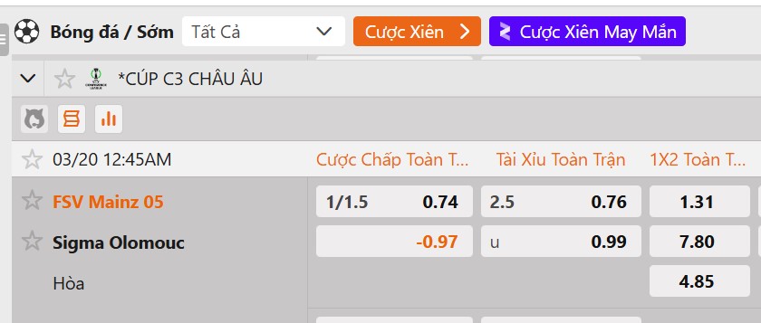 Tỷ lệ kèo 1.FSV Mainz 05 vs SK Sigma Olomouc