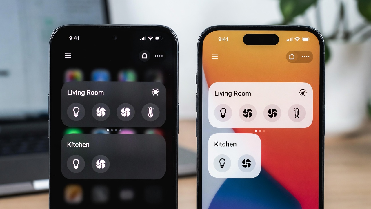 Android and iPhone home screens side by side showing smart home control widgets for lights and thermostat