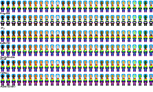 a row of people with pride flag shirts and dark cyan hair