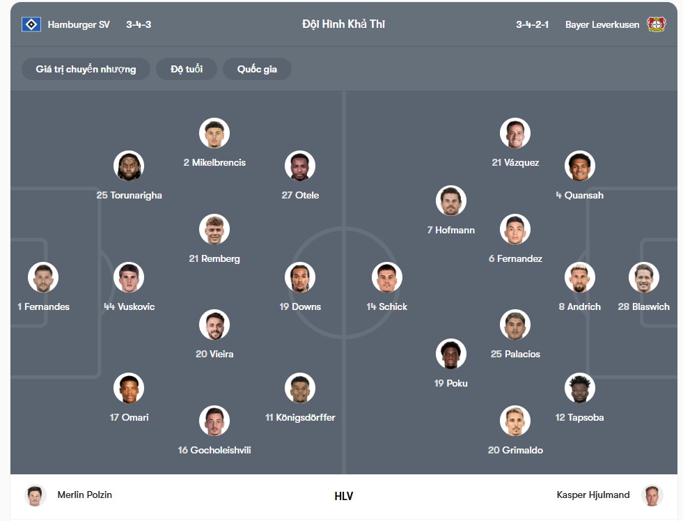 doi hinh Hamburger vs Leverkusen