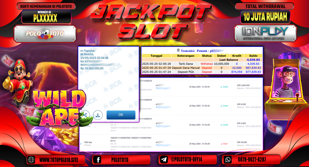 POLOTOTO JACKPOT SLOT WILD APE Rp.10.000.000,-