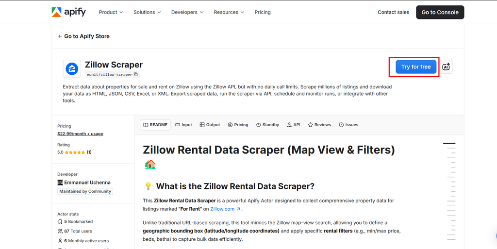 Apify page showing Zillow Scraper