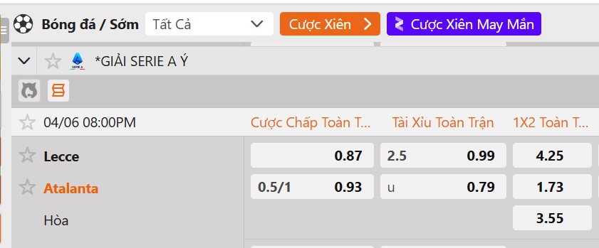Tỷ lệ kèo Lecce vs Atalanta