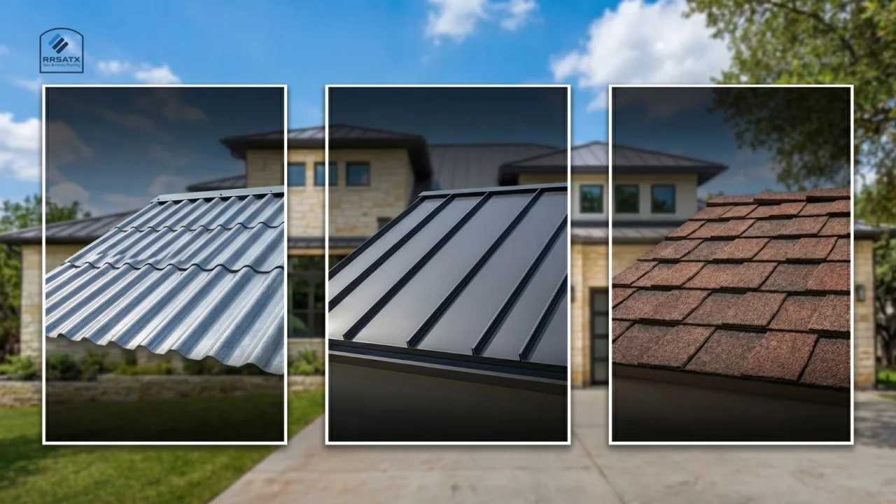 Metal roofing sheet types side by side comparison corrugated standing seam stone coated San Antonio