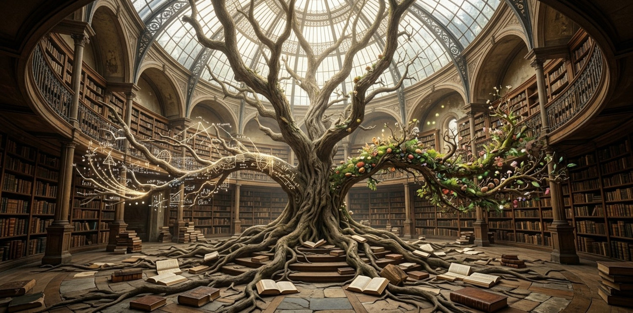 a majestic old tree growing through the center of a grand circular library