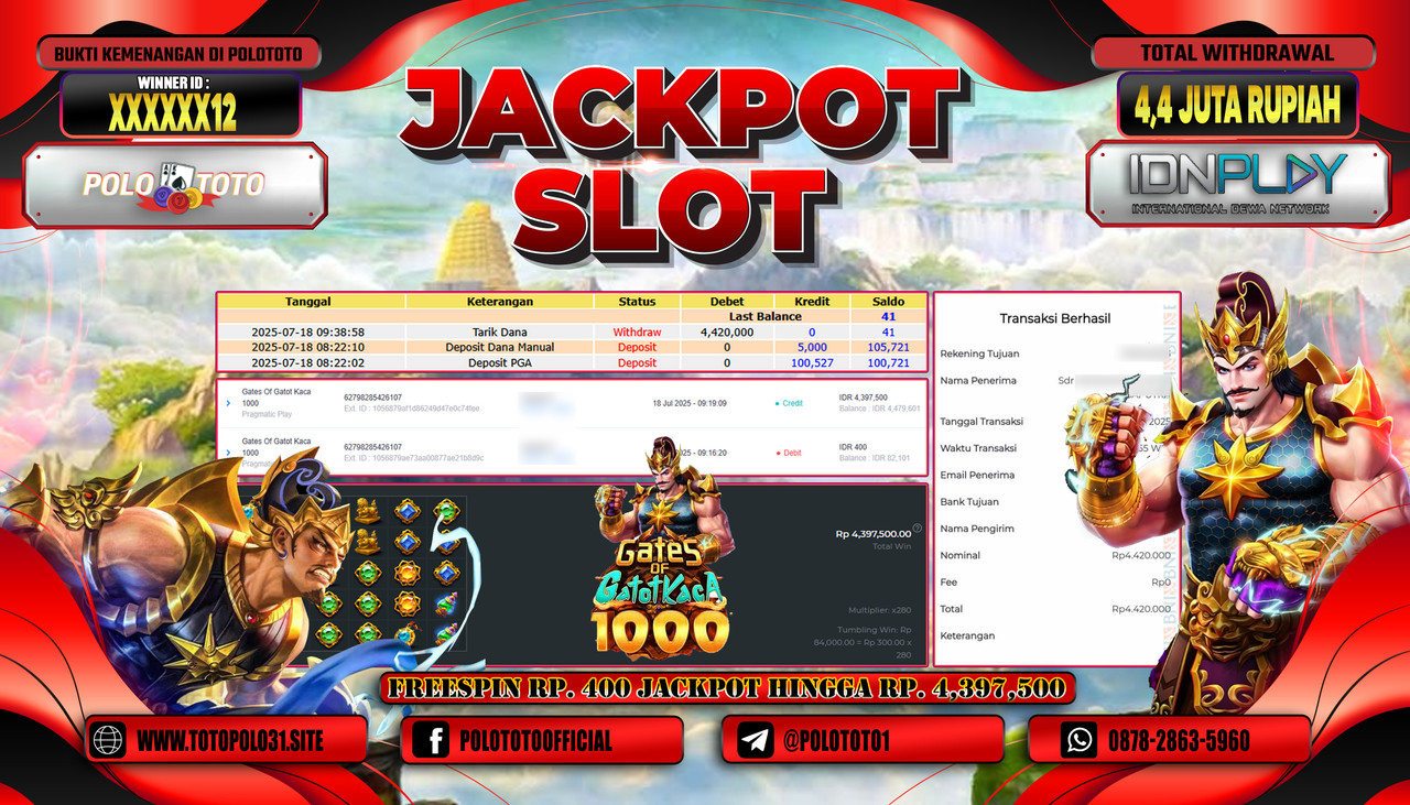 POLOTOTO JACKPOT SLOT GATES OF GATOT KACA 1000 Rp.4.400.000,- LUNAS