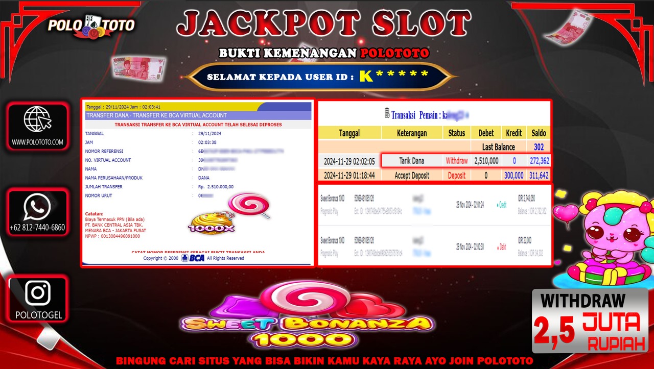 POLOTOTO JACKPOT SLOT SWEET BONANZA 1000 Rp.2,500.000,-
