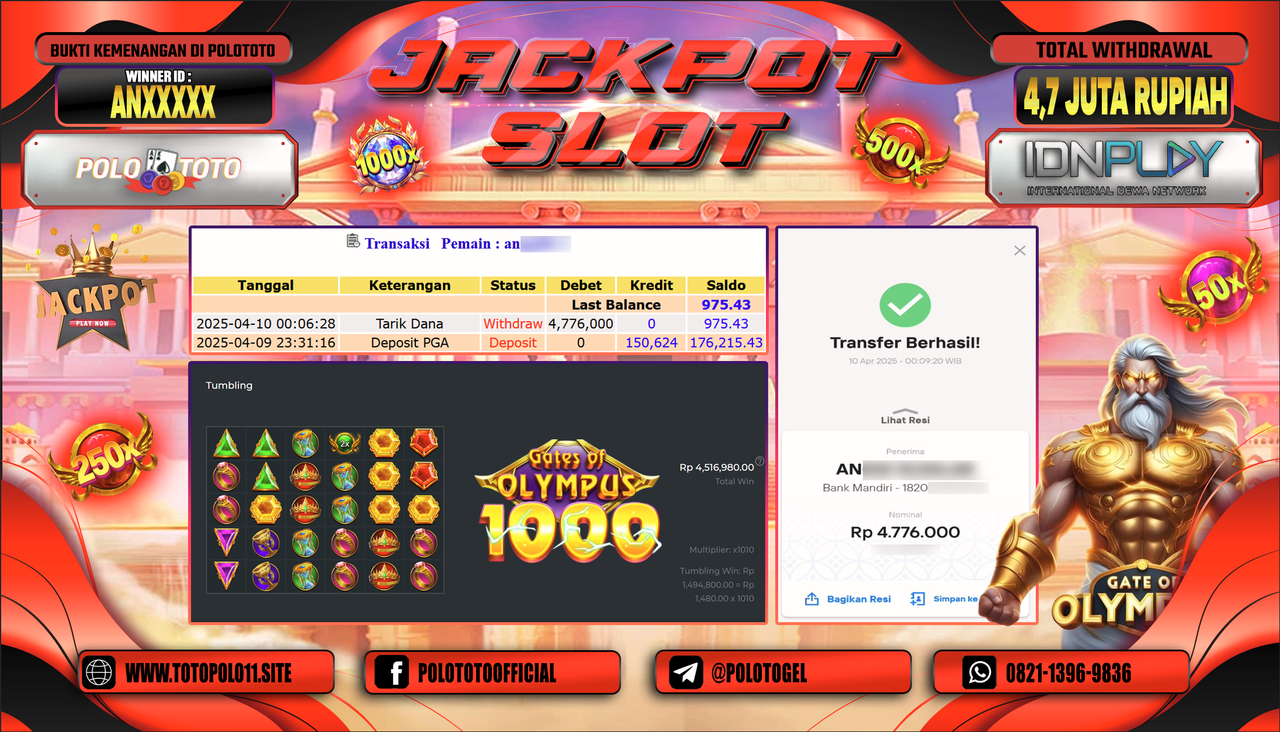 POLOTOTO JACKPOT SLOT GATES OF OLYMPUS 1000  Rp.4.700.000,- LUNAS