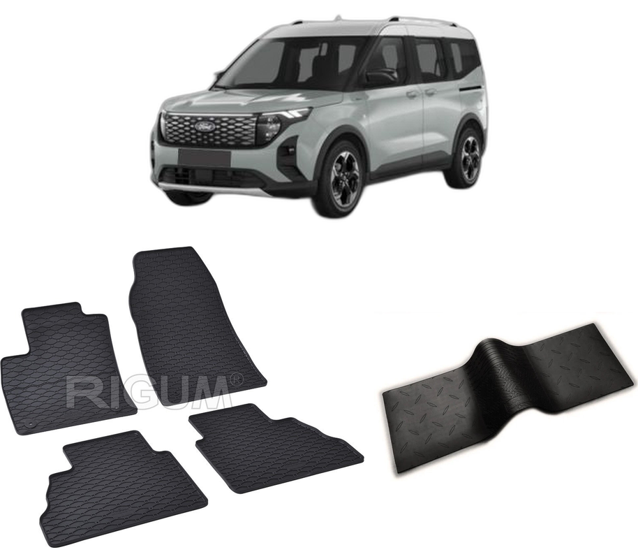 Set covorase auto FORD TOURNEO COURIER II din 10.2023-PREZENT, cu covoras tunel median, CAROSERIE VAN 5 LOCURI, Presuri cauciuc 100%, compatibil cu autoturismul FORD TOURNEO COURIER II, Rigum