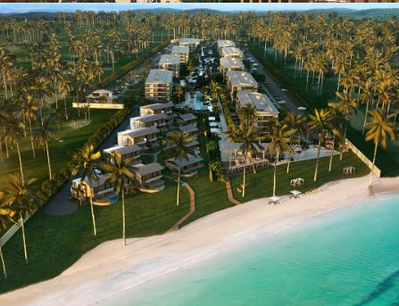 Vista aérea do empreendimento com acesso direto à praia