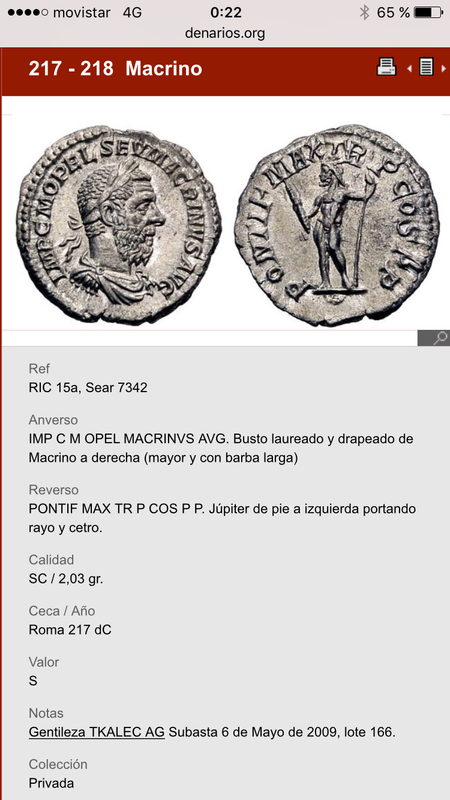 Denario Macrino. IOVI CONSERVATORI. Júpiter estante a izq. con Macrino. Roma. A0-A75-A46-1060-459-E-8050-B2-F74-DA2058-E