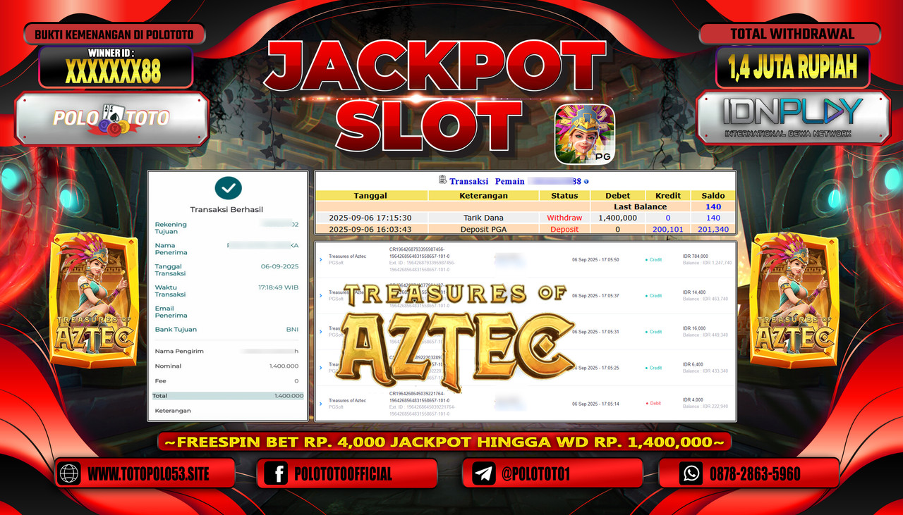 POLOTOTO JACKPOT SLOT TREASURES OF AZTEC Rp.1.400.000,- LUNAS