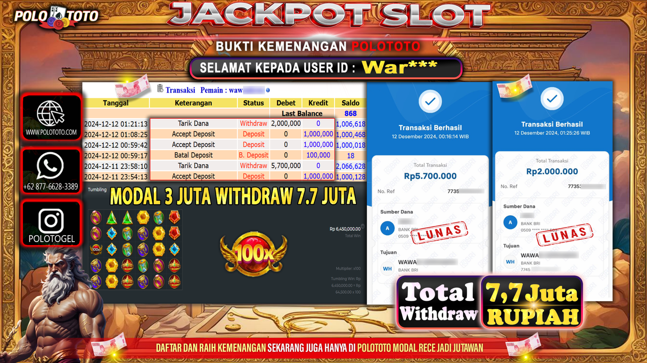 POLOTOTO JACKPOT SLOT GATES OF OLYMPUS Rp.7,700.000,-