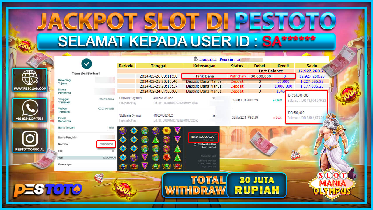 HANYA DI PESTOTO JP PASTI DI BAYAR LUNAS DAN CEPAT!!!!!! JP SLOT{  SLOT MANIA OLYMPUS} Rp.30.000.000 !!!!!