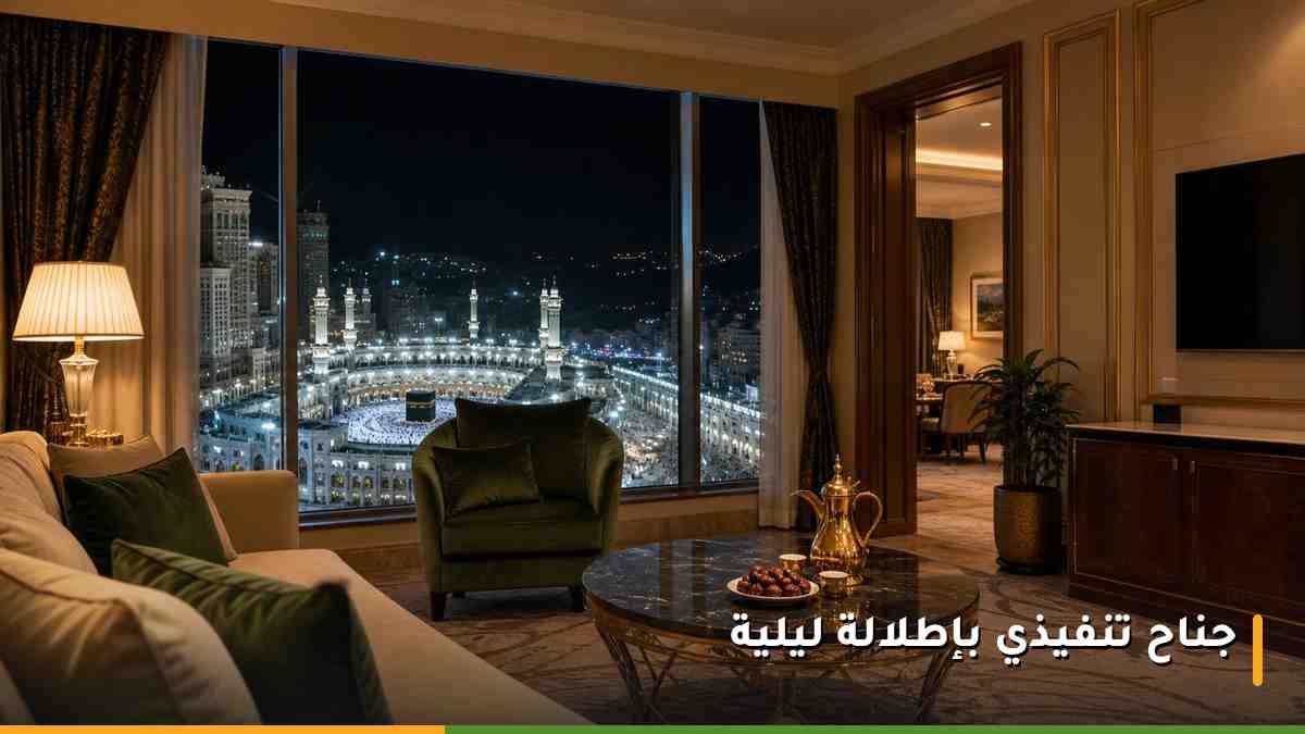 جناح تنفيذي فاخر في فندق زمزم بولمان مكة بإطلالة ليلية على المسجد الحرام والكعبة