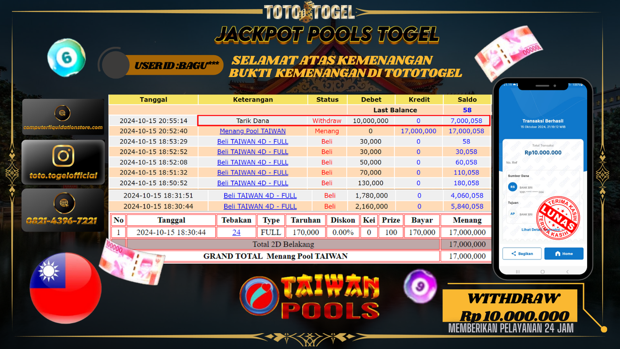 Bukti Kemenangan Permainan  Pools Togel Taiwan 5D   ID : BAGU*** Terbayar Lunas!!
