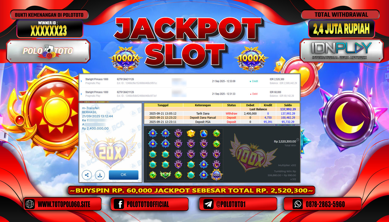 POLOTOTO JACKPOT SLOT STARLIGHT PRINCESS 1000 Rp.2.400.000,- LUNAS