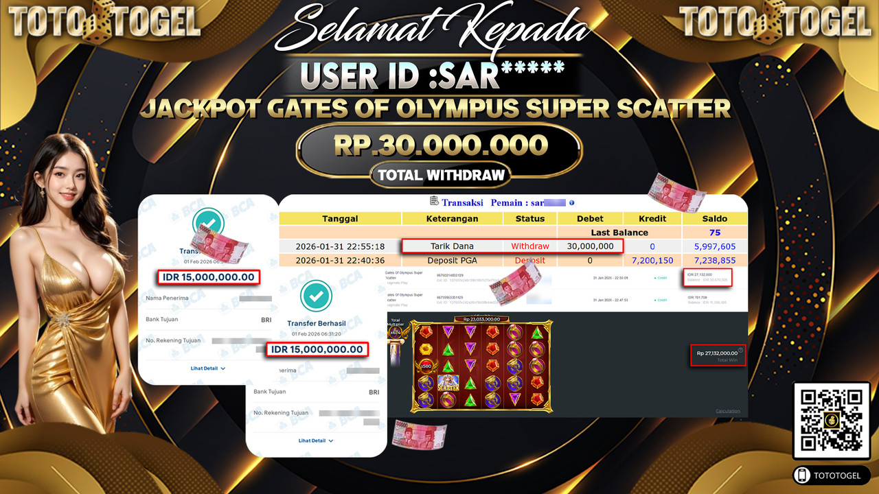 Bukti Pembayaran Jackpot Permainan Slot Gates Of Olympus Super Scatter ID:SAR*****LUNAS