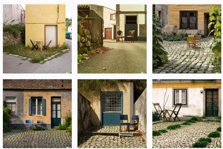 small house at the end of a cobbled road with a small yellowed weed choked courtyard with two chairs