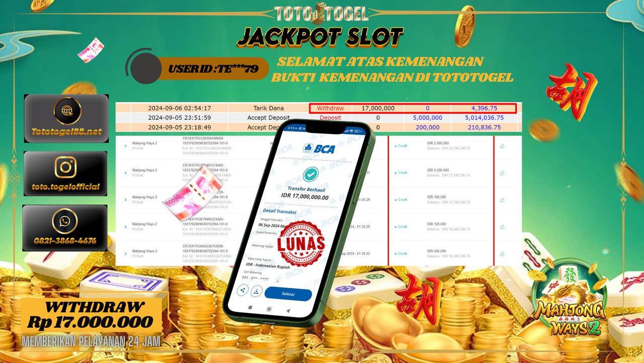 Bukti Kemenangan Permainan Slot Mahjong Ways 2 Dengan ID :TE***79  Terbayar Lunas!!