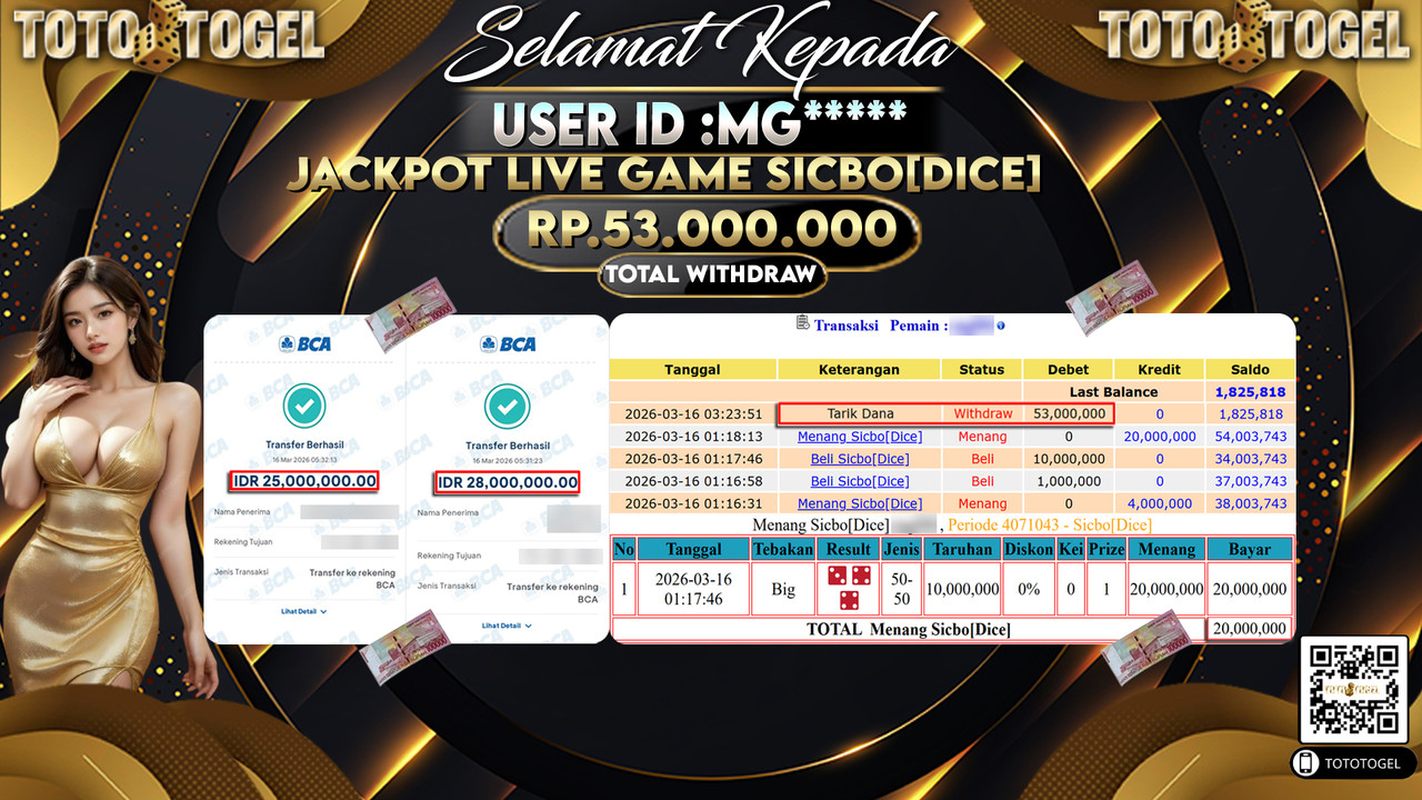 Bukti Pembayaran Jackpot Permainan Live Game Sicbo{Dice} ID:MG*****LUNAS