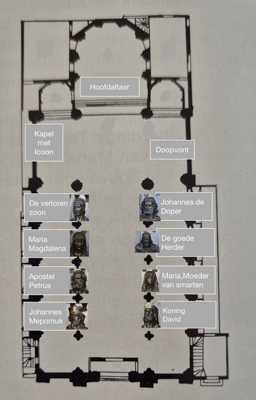 Kerkplattegrond met biechtstoelen