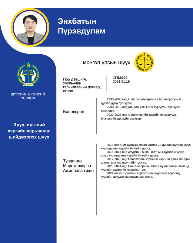 Эрүү, иргэний хэргийг харьяалан шийдвэрлэх анхан шатны шүүхийн шүүгчид нэр дэвшигч Э.Пүрэвдулам мэргэжлийн үйл ажиллагааны танилцуулга