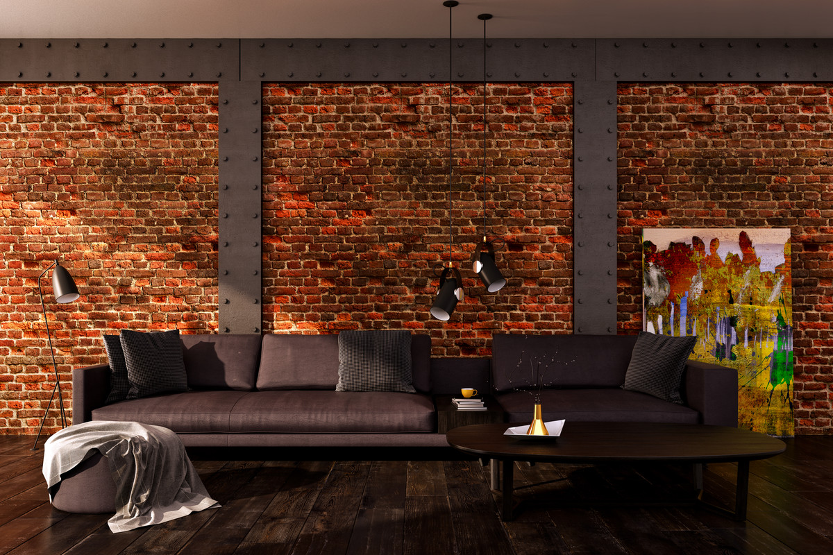 Industrial Living Room Design with Textured Sofa and Brick Accent Walls