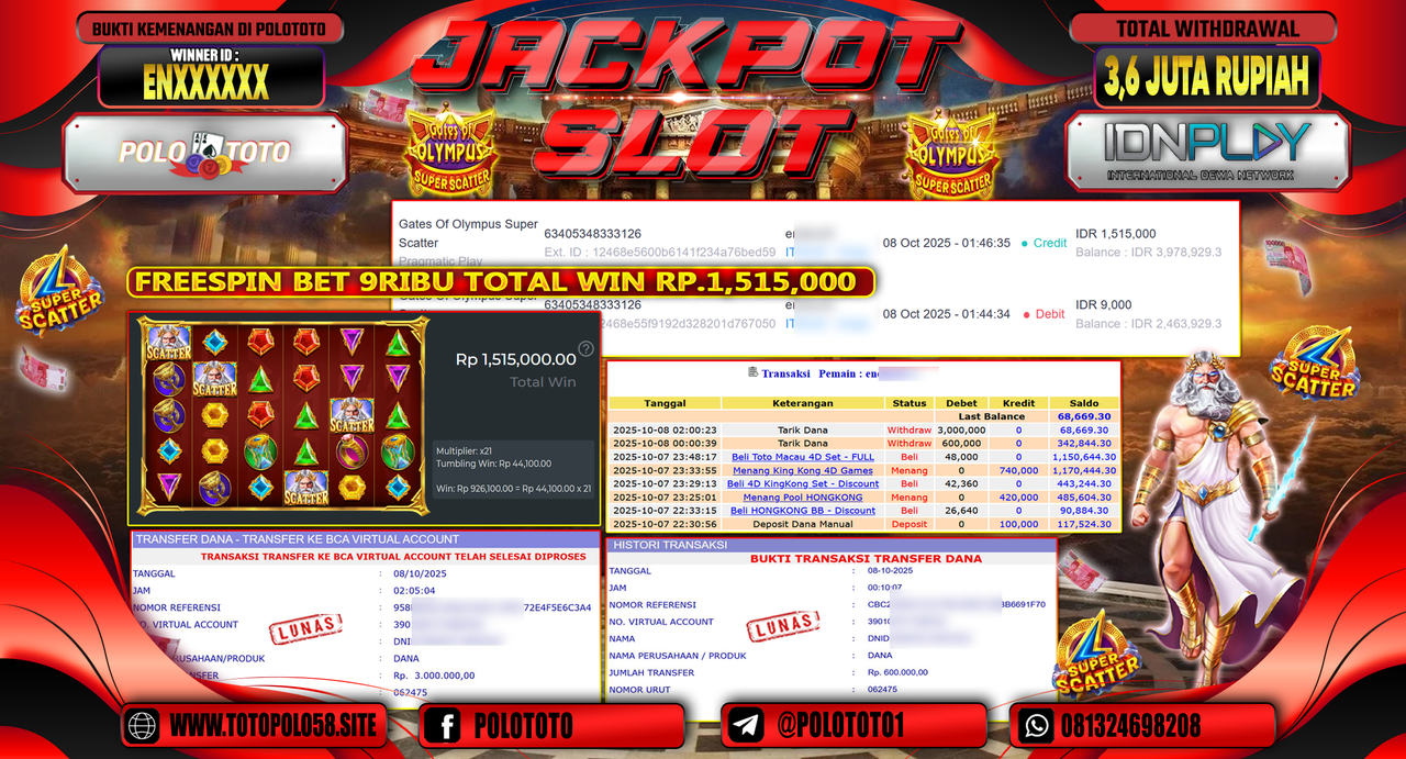 POLOTOTO JACKPOT SLOT GATES OF OLYMPUS SUPER SCATTER Rp.3.600.000,- LUNAS