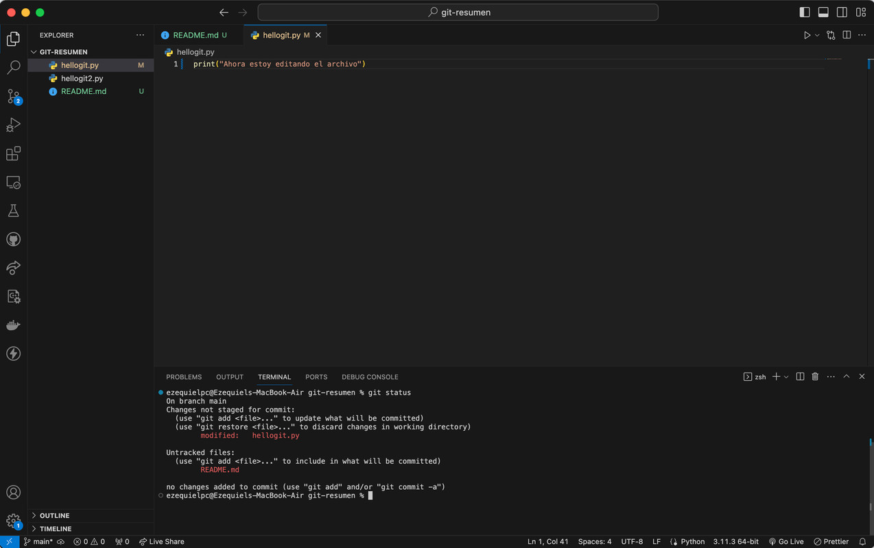Ejecucion comando git status luego de modificar un archivo Git status y Git log