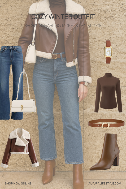 Cozy Winter Outfit | Brown Shearling Jacket & Denim Look 🤎✨