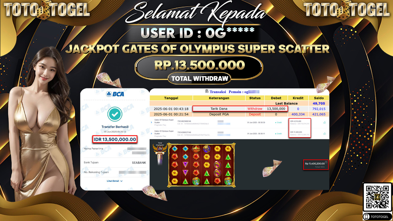 Bukti Pembayaran Jackpot Permainan Slot Gates Of Olympus Super Scatter ID:OG***** LUNAS