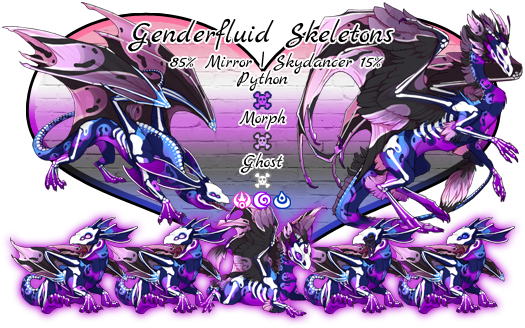 Genderfluid Skeletons. Breed will be 85% Mirror, 15% Skydancer. Colors and Genes will be Orchid Python Primary, Bubblegum Morph Secondary, and White Ghost Tertiary. Breeds in Arcane, Shadow or Water. This pairs colors and genes resemble the Genderfluid Pride flag