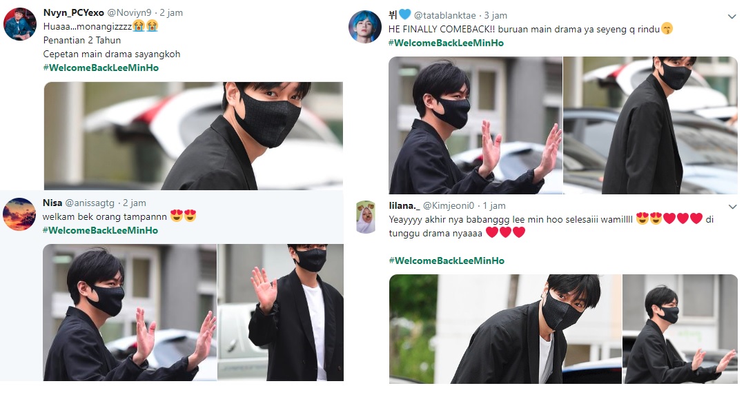 Cuitan di twitter dari para penggemar yang menyambut kepulangan Lee Min Ho dari wajib militer