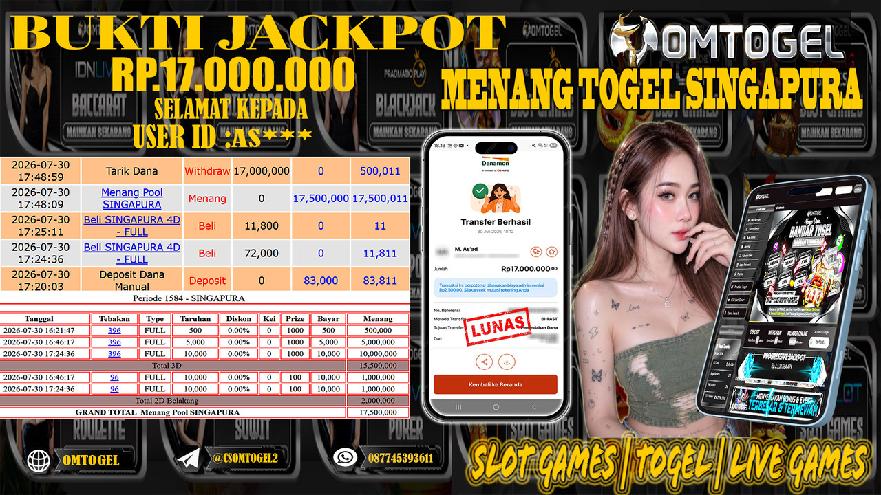 OMTOGEL JACKPOT MENANG TOGEL SINGAPURA  Rp,17,000,000,- DIBAYAR LUNAS