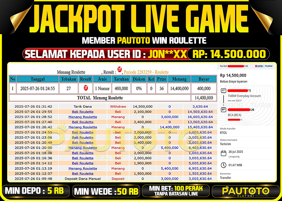 BUKTI PEMBAYARAN TGL 25 JULY 2025 MENANG DI PERMAINAN ROULETTE TOTAL WD 14,5 JUTA