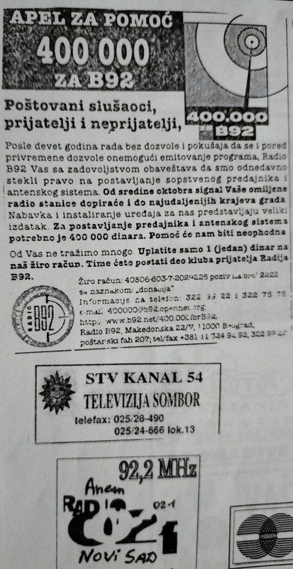 Radio B92 Beograd 92,5 MHz (1998) i Radio 021 NS i STV Sombor