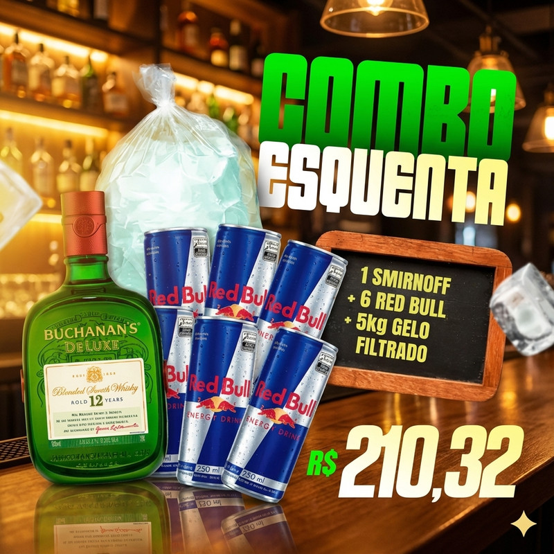 Combo Buchanan's (Buchanan's 1L + 6 Red Bull 250ml + Gelo 3KG)