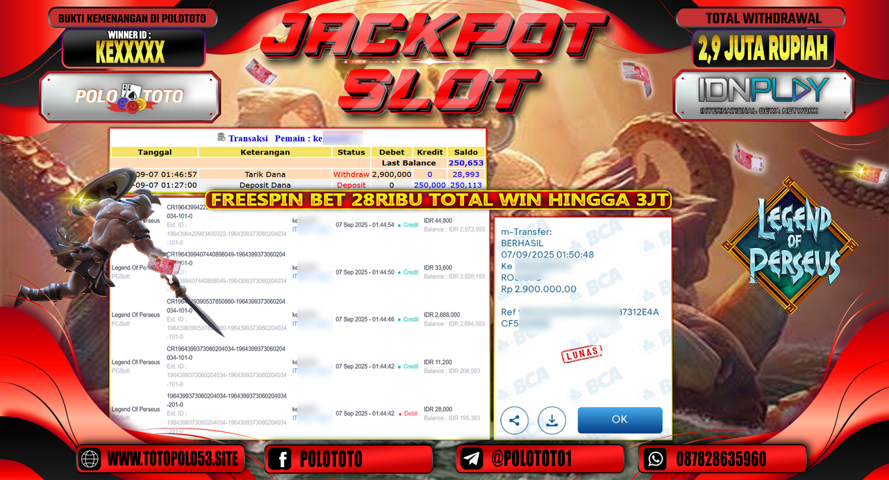 POLOTOTO JACKPOT SLOT LEGEND OF PERSEUS Rp.2.900.000,-