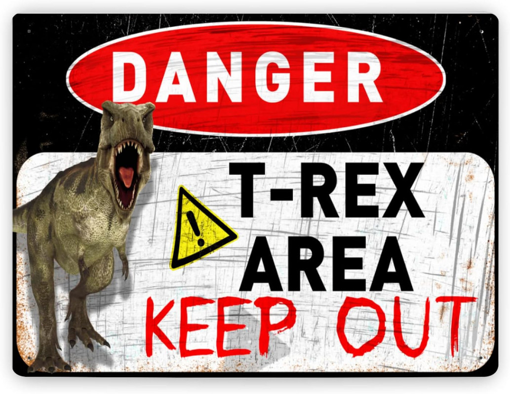 T-Rex Danger Metal Tin Sign, Dinosaur Room Decor for Boys Vintage Men Room Decor Retro Waterproof Po
