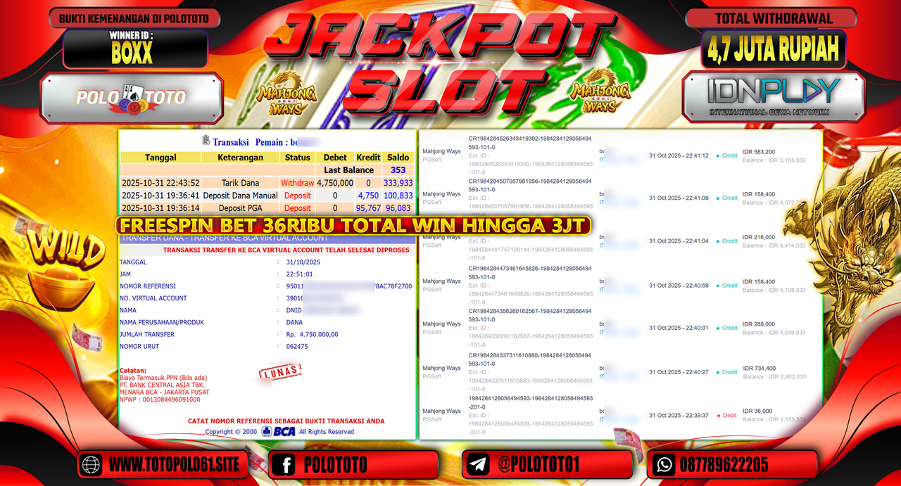 POLOTOTO JACKPOT SLOT MAHJONG WAYS Rp.4.750.000,-