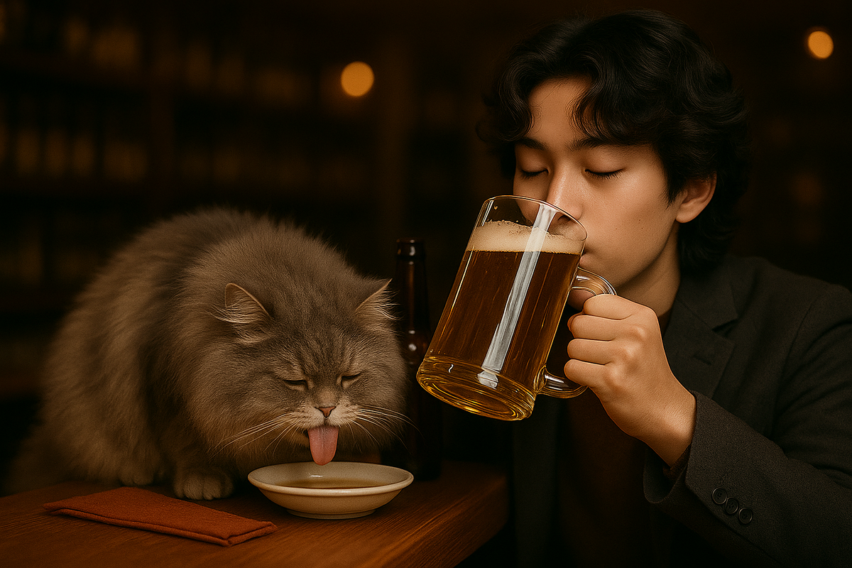 Молодой человек и кошка в баре