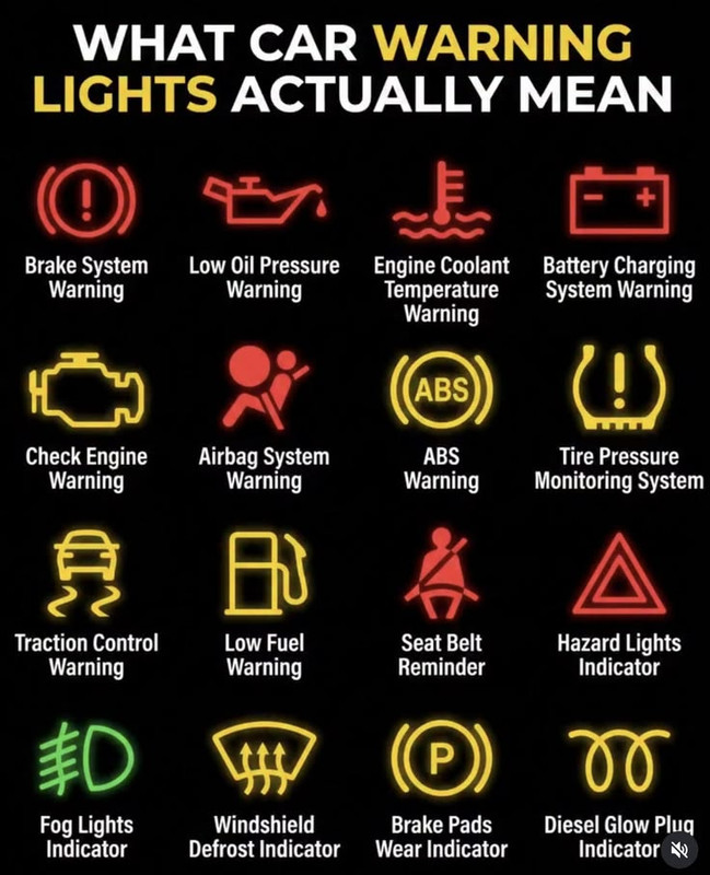 Chart of common car warning lights and their meanings