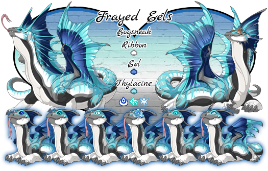 Frayed Eels. Bogsneak Breed. Colors and Genes will be White Ribbon Primary, Splash Eel Secondary, and Robin Thylacine Tertiary. Breeds in Water, Lightning or Ice. This pairs colors and genes resemble the Fraysexual Pride flag
