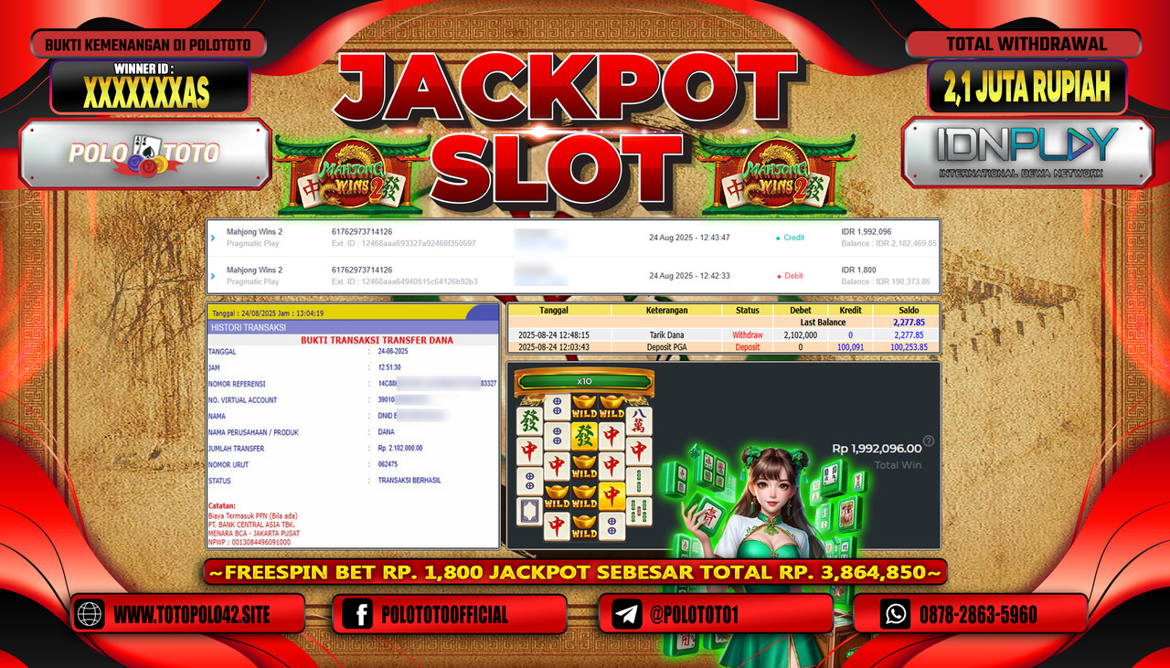 POLOTOTO JACKPOT SLOT MAHJONG WINS 2 Rp.2.100.000,- LUNAS