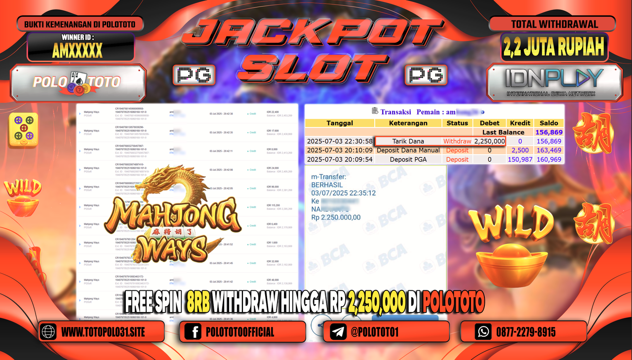 POLOTOTO JACKPOT SLOT MAHJONG WAYS Rp.2.250.000,-