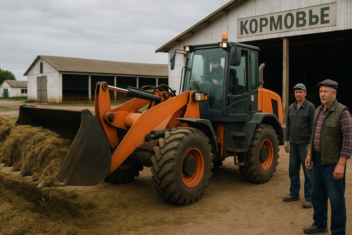 Фронтальный погрузчик с навесным оборудованием на ферме