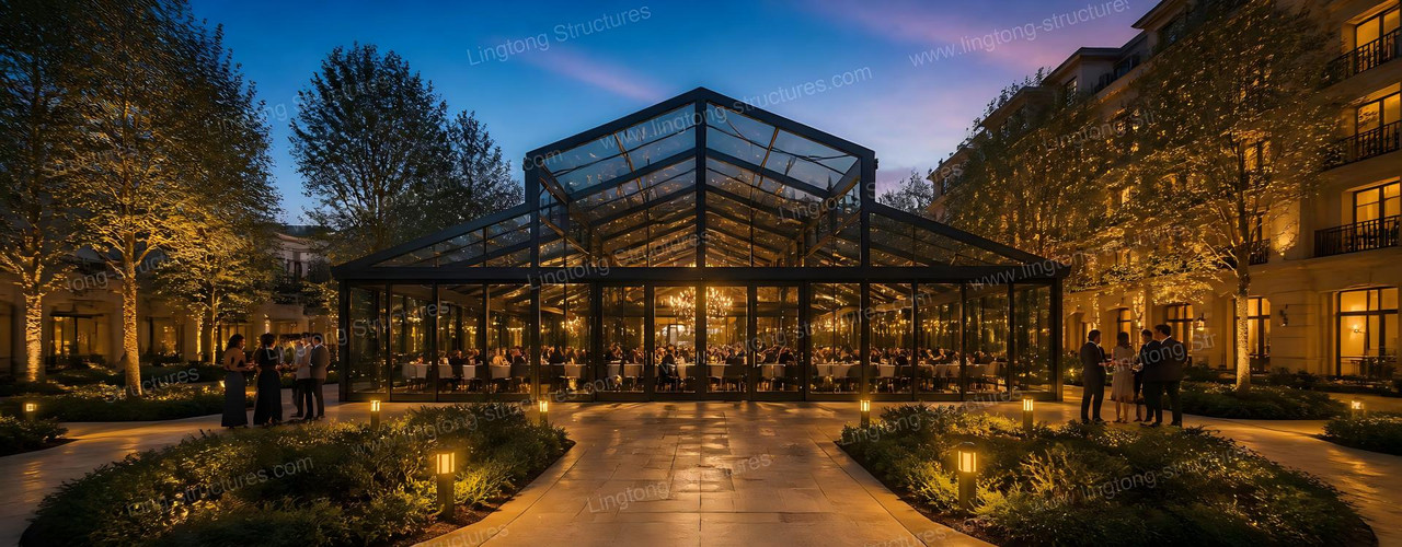 Lingtong atrium banquet tent with black frame glass walls set up for a formal dinner event with chandeliers and round tables
