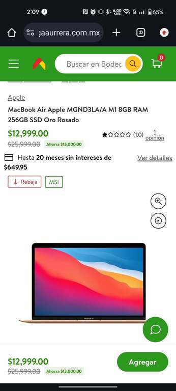 Bodega Aurrera: MacBook Air Apple MGN63LA/A M1 8GB RAM 256GB SSD 
